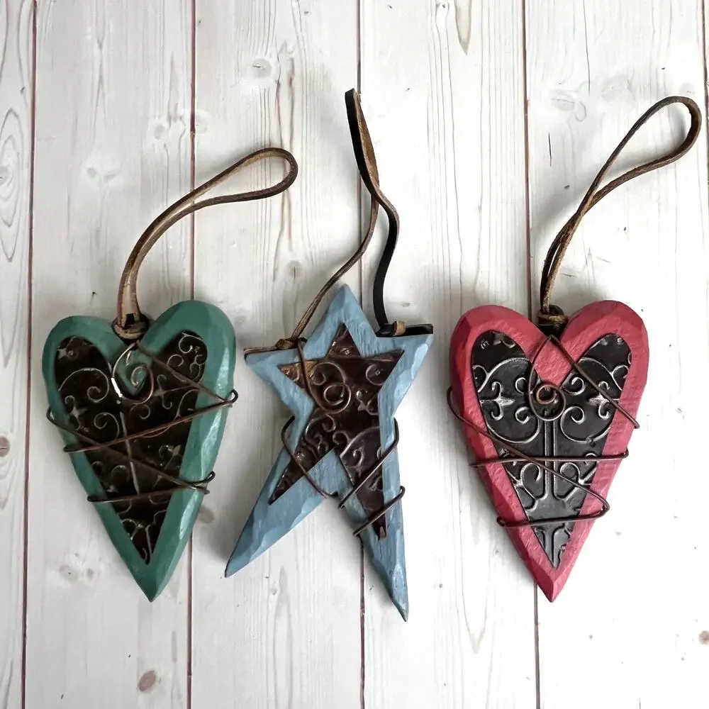 Rustic Western Wooden, Wire, Metal Leather Star & Hearts Ornaments & Tree Topper